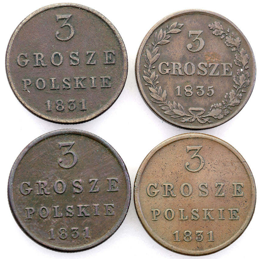 Polska XlX w. / Rosja. 3 Grosze Polskie (Trojak) 1831-1835, Warszawa – zestaw 4 szt.